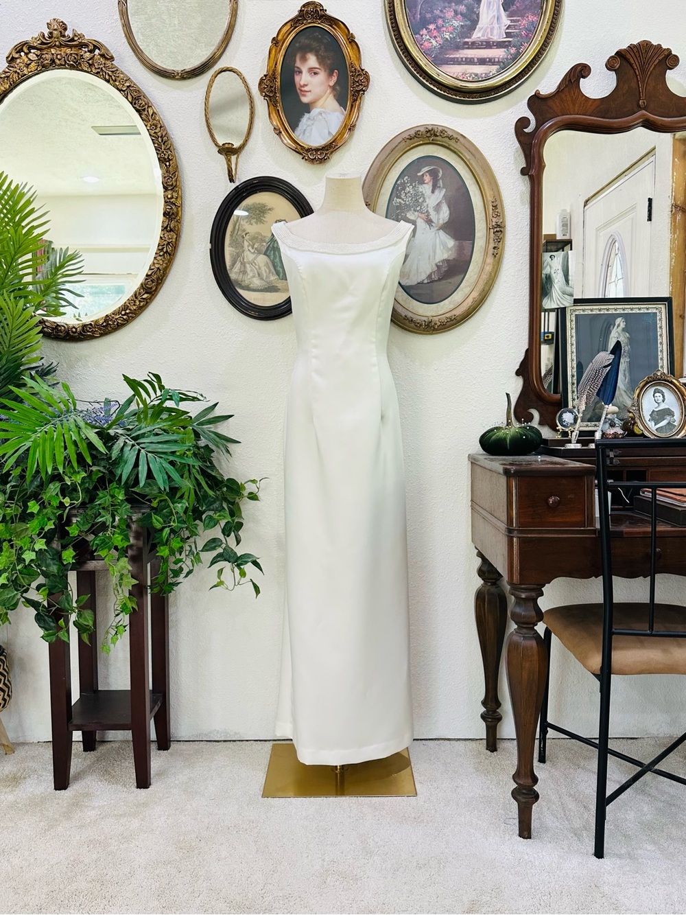 Dave & Johnny Cream Satin Column Wedding Dress
